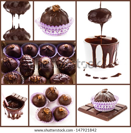 Chocolate pralines and hot chocolate collage isolated on white background. High resolution.