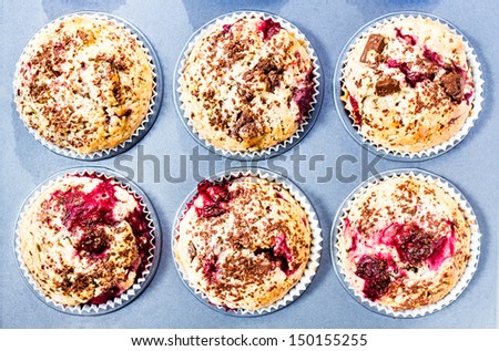 Small cakes in paper holders in baking pan isolated on white background, top view. Closeup.
