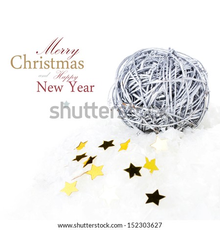 Christmas composition with snow ball  and golden stars isolated on white background  (with easy removable sample text)