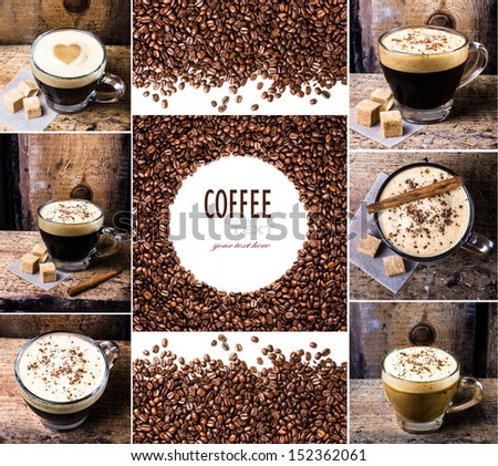 Coffee collage with Coffee beans, espresso, cappuccino, latte and mocha. Food set with coffee cups. Coffee concept.