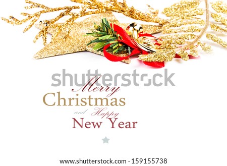 Christmas Border Decoration Isolated on White Background. Festive Golden Decorations  (with easy removable sample text)