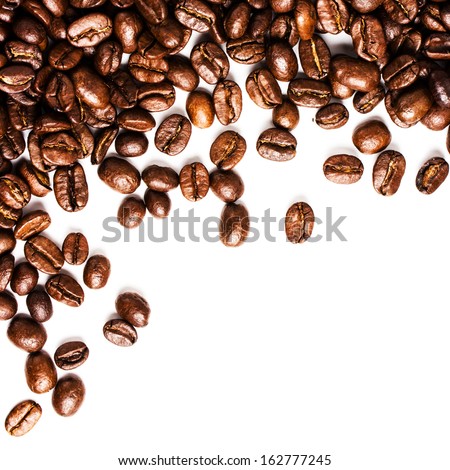 Roasted Coffee Beans Background Texture Isolated On White Background Frame With Copy Space For Text, Macro. Fragrant Fried Coffee Beans.
