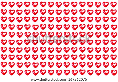 Repeating pattern of Valentine\'s Day red Hearts isolated on a white background. Red Heart isolated on white background, close up