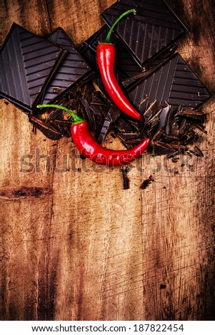Spicy Chocolate Bar with Red Chilli Pepper on wooden background closeup. Chunks of Broken dark chocolate bar on wood table macro.