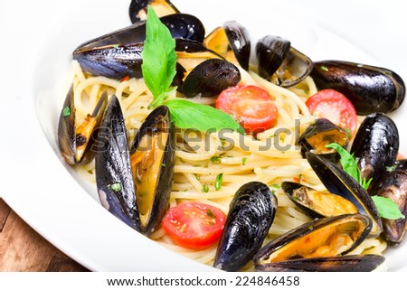 Seafood  Pasta with mussels and basil for a tasty sea food meal macro