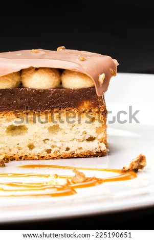 Chocolate Layer Cake with caramel, nuts and chocolate on white plate, studio shot, macro. Italian sweet dessert concept.