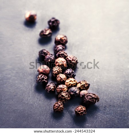 Black Peppercorns closeup. Black pepper on dark background with copyspace