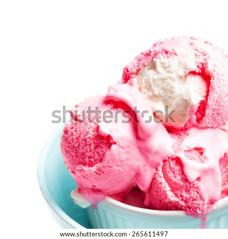 ice cream in blue bowl isolated on white background. Scoop of White Ice-Cream Balls close up.