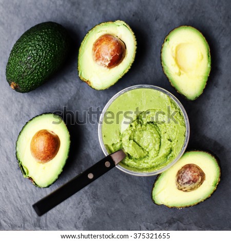 Avocado. Halved avocado. Avocado spread. Avocado pasta. Guacamole, top view image with copy space