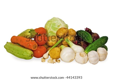 Vegetables: cabbage, potato, beet, garlic, onion, cucumber, tomato, carrot