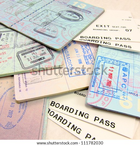 Multiple passports, multiple passport stamps, and airline boarding passes