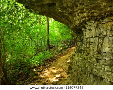 Vivid green woodland trail with rock overhang with sun rays shining through trees.