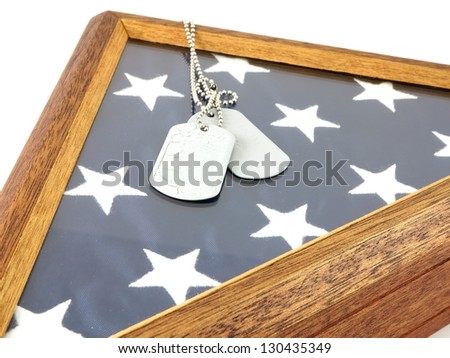 Vintage military dog tags on wooden flag display case and American Flag