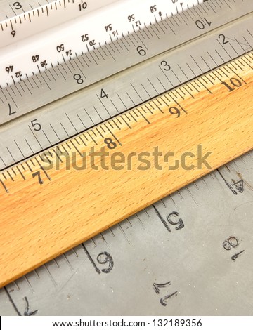 Wood ruler, metal rulers and engineering drafting scale background image