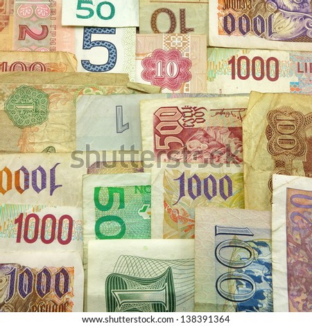 Denominations of foreign currency in a collage