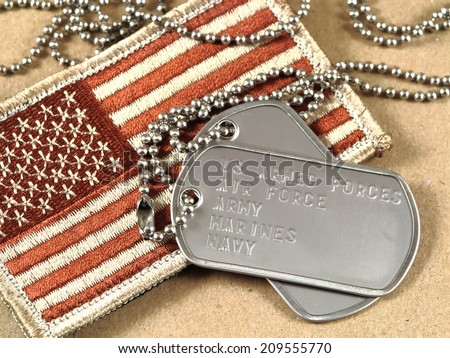 Camouflage American flag with dog tags