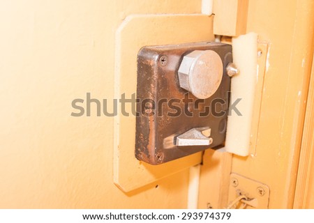 door lock on a yellow painted door