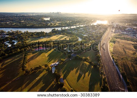 Sunshine over early morning in Brisbane seen from balloon