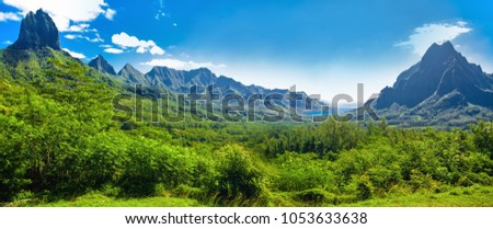Rotui mountain with Cook\'s Bay and Opunohu Bay on the tropical pacific island of Moorea, Tahiti