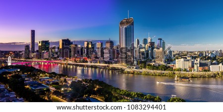 Panoramic day and night areal image of Brisbane CBD and South Bank, Queensland, Australia