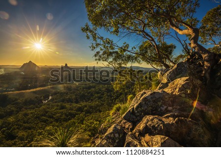 Sunset seen from Mount Tibrogargan, Glass House Mountains, Sunshine Coast, Queensland, Australia
