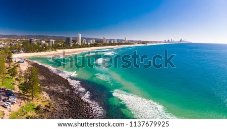 Aerial view of Burleigh Heads - a famous surfing beach suburb on the Gold Coast, Queensland, Australia