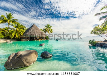 Infinity pool with palm tree rocks, Tahiti island, French Polynesia