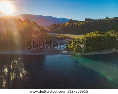 Bridges over Rakaia river, Rakaia Gorge, New Zealand, South Island, during sunset