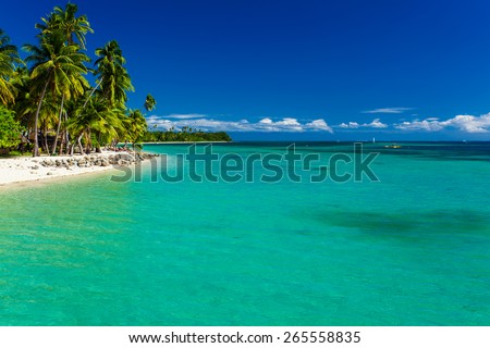 Tropical island in Fiji with sandy beach and pristine water