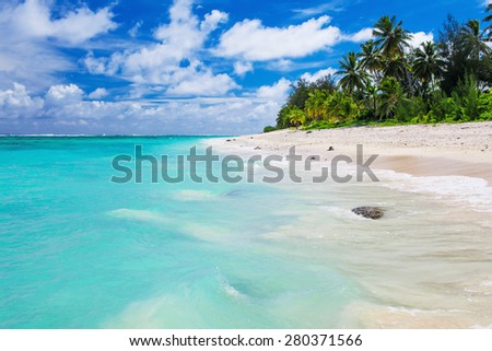 Tropical sandy beach with rocks, palm trees and amazing water on Cook Islands