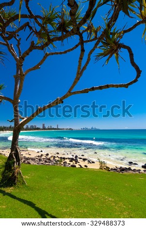 Gold Coast skyline and surfing beach visible from Burleigh Heads, Queensland