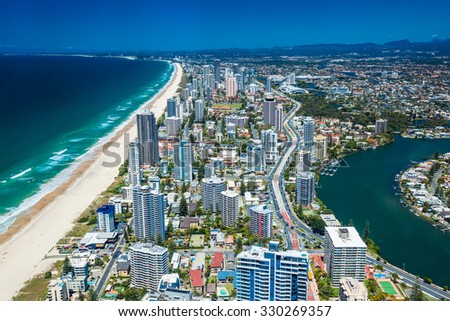 GOLD COAST, AUS - OCT 04 2015: Aerial view of the Gold Coast in Queensland Australia looking from Surfers Paradise down to Coolangatta