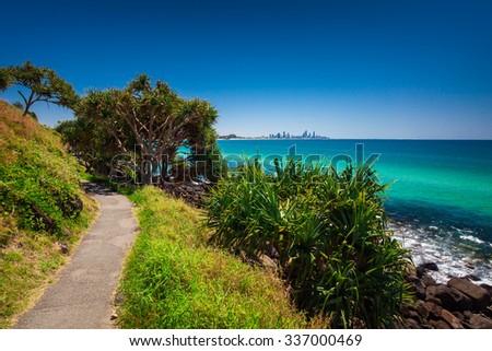 Gold Coast skyline and surfing beach visible from Burleigh Heads, Queensland