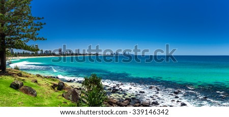 GOLD COAST, AUS - OCT 4 2015: Gold Coast skyline and surfing beach visible from Burleigh Heads, Queensland