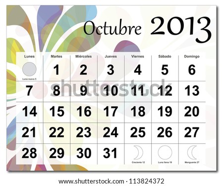 Spanish Version Of October 2013 Calendar Beautiful And Colorful Design