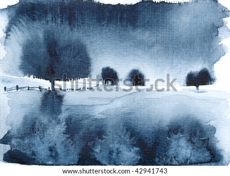 blue watercolor landscape, created and painted by the photographer