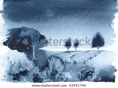 blue watercolor landscape, created and painted by the photographer