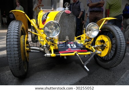 BRESCIA, ITALY - MAY 14th: front view with mechanical details of a Bugatti Type 37 A car, built in 1927, ready to take part to the 1000 Miglia race, Brescia on May 14th, 2009.