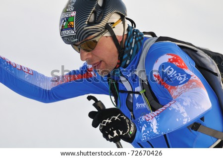 VAL MARTELLO, ITALY - MARCH 6: Fatigue shows on face of french skier William Bon Mardion during the ISMF Skitour world cup race Marmotta Trophy 2011 March 6, 2011 in Val Martello