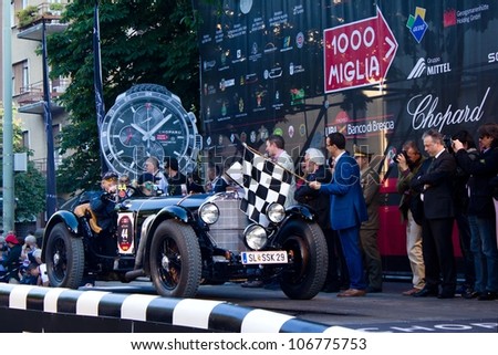 BRESCIA ITALY - MAY 17: black 1929 Mercedes 720 SSK built in 1929  driven by H. Rothenberger starts the 1000 Miglia 2012, on May 17, 2012 in Brescia