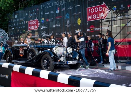 BRESCIA ITALY - MAY 17: black Mercedes 500 K built in 1935 driven by R. Eckelmann starts the 1000 Miglia 2012, on May 17, 2012 in Brescia