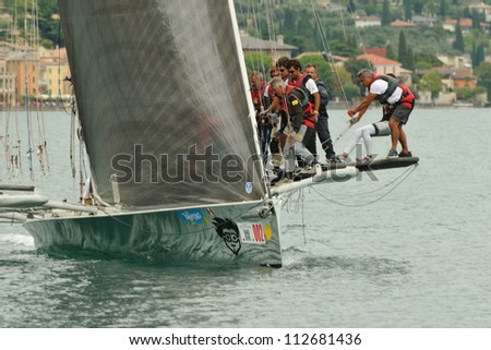 GARGNANO (BS) ITALY - SEPTEMBER 2: Clandesteam sailing boat, skipper Oscar Tonoli, takes part to the Trofeo Gorla regatta, on September 2, 2012 in Gargnano (BS)