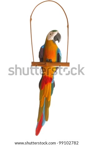 multicolored earthenware parrot on bamboo stand isolated on white