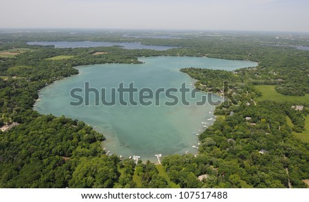 Aerial View of crystal clear lake, Beaver Lake Wisconsin