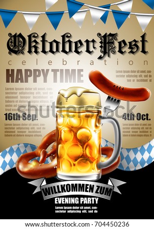 Design poster with food and drink elements for traditional beer festival Oktoberfest. Highly detailed illustration.