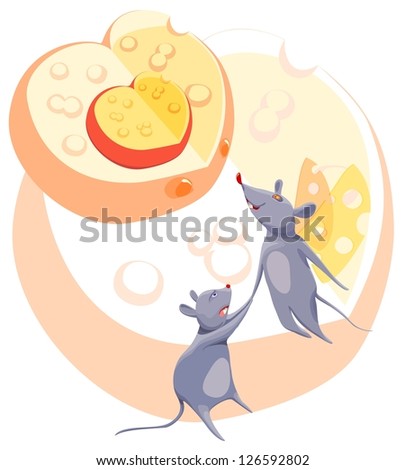 Pair of mice. One fascinated mouse reaching up for heart-shaped cheese, and the other mouse trying to keep it down. Bitmap copy of vector image.