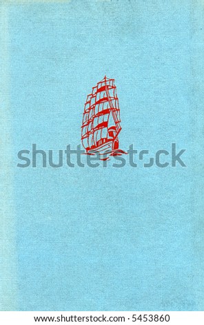 Ancient blue book cover front with red sailing ship