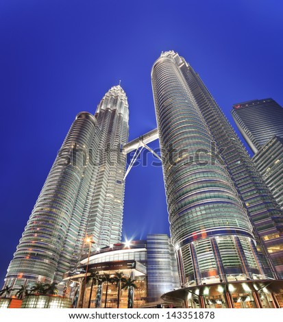 KUALA LUMPUR, MALAYSIA - APRIL 13: Nightscape of Petronas Twin Towers on April 13, 2013 in Kuala Lumpur Malaysia. Petronas Twin Towers were the tallest buildings (452m) in the world during 1998-2004.