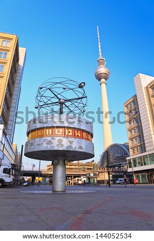 BERLIN, GERMANY - JUNE 18: Alexanderplatz, Tv tower and world clock view on JUNE 18, 2013,Berlin, Germany. Alexanderplatz is a large public square and train station in Mitte district of Berlin.