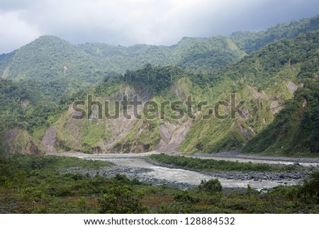 Eroding slopes beside the Rio Quijos in the Ecuadorian Amazon, damaged in the 1986 earthquake